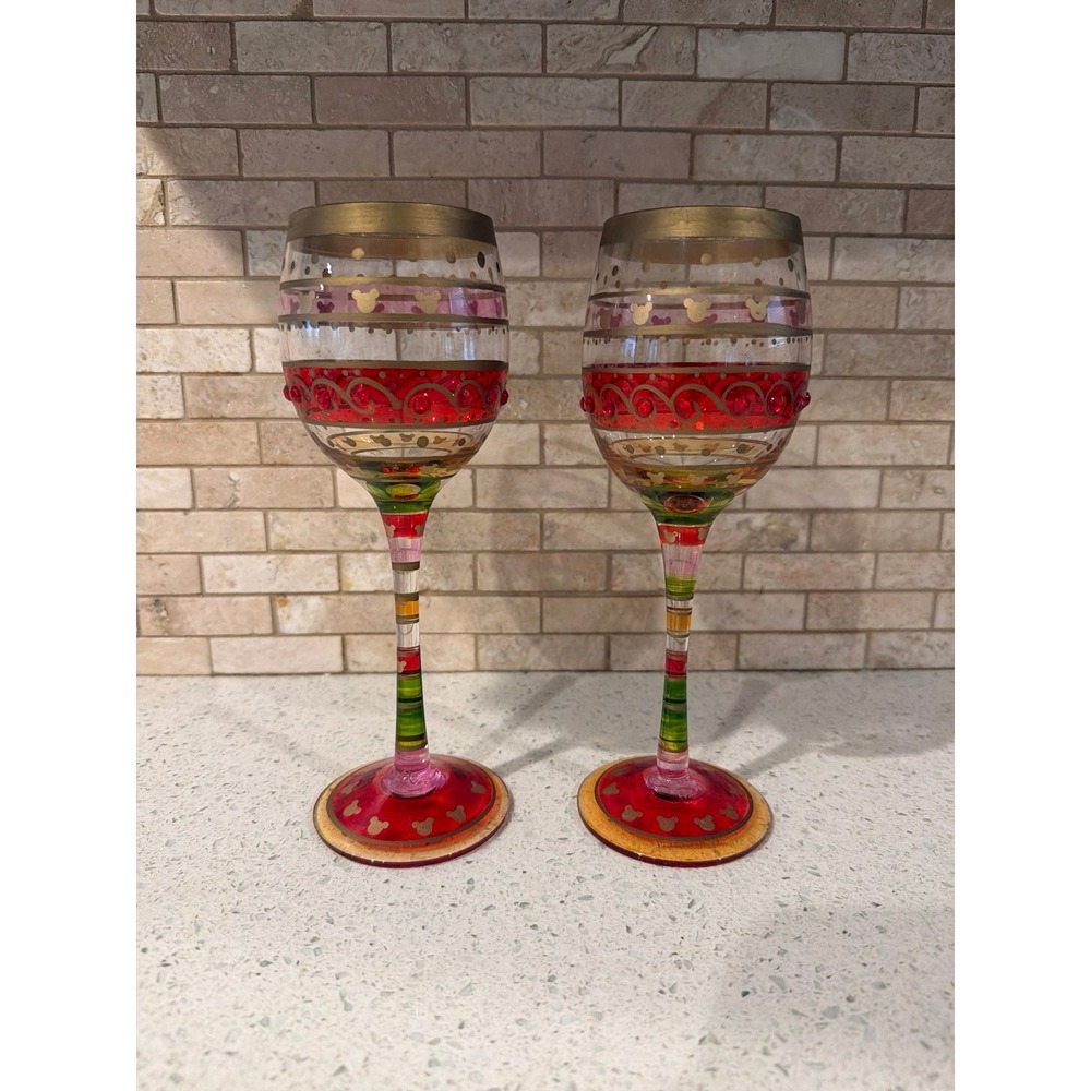Disney Mickey Mouse Wine Glasses Set Rhinestone Hand Painted Red Stem
